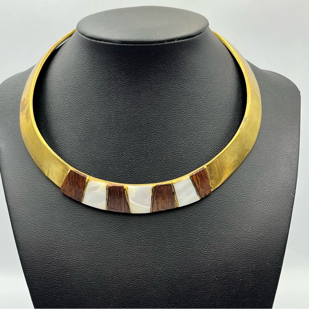 Brass Choker Necklace Mother of Pearl wood Inlay